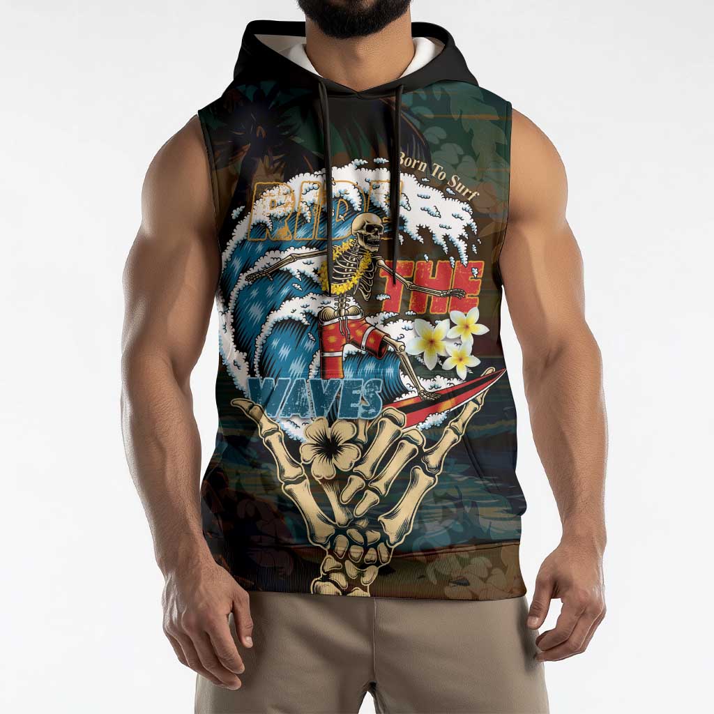 Aloha Hawaii Surfing Skull Sleeveless Hoodie Shaka Skeleton Ride The Waves - Polynesian Pride