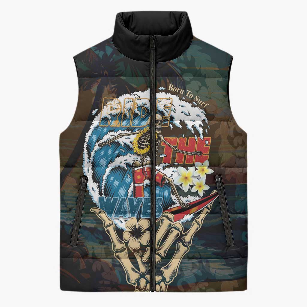 Aloha Hawaii Surfing Skull Sleeveless Puffer Jacket Shaka Skeleton Ride The Waves - Polynesian Pride