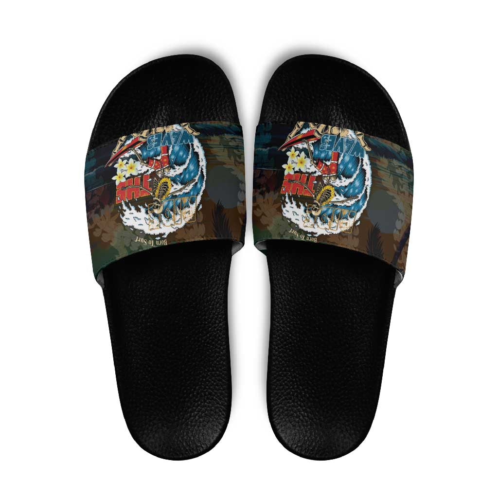 Aloha Hawaii Surfing Skull Slide Sandals Shaka Skeleton Ride The Waves - Polynesian Pride
