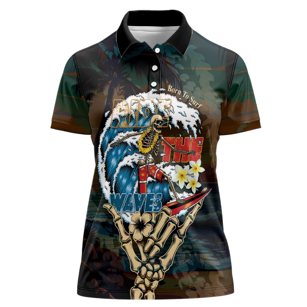 Aloha Hawaii Surfing Skull Women Polo Shirt Shaka Skeleton Ride The Waves - Polynesian Pride