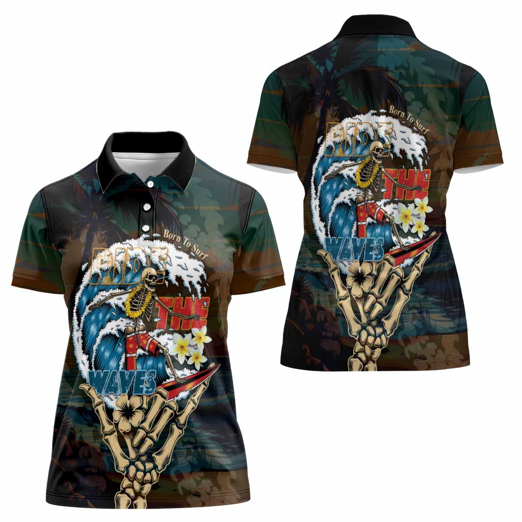Aloha Hawaii Surfing Skull Women Polo Shirt Shaka Skeleton Ride The Waves - Polynesian Pride