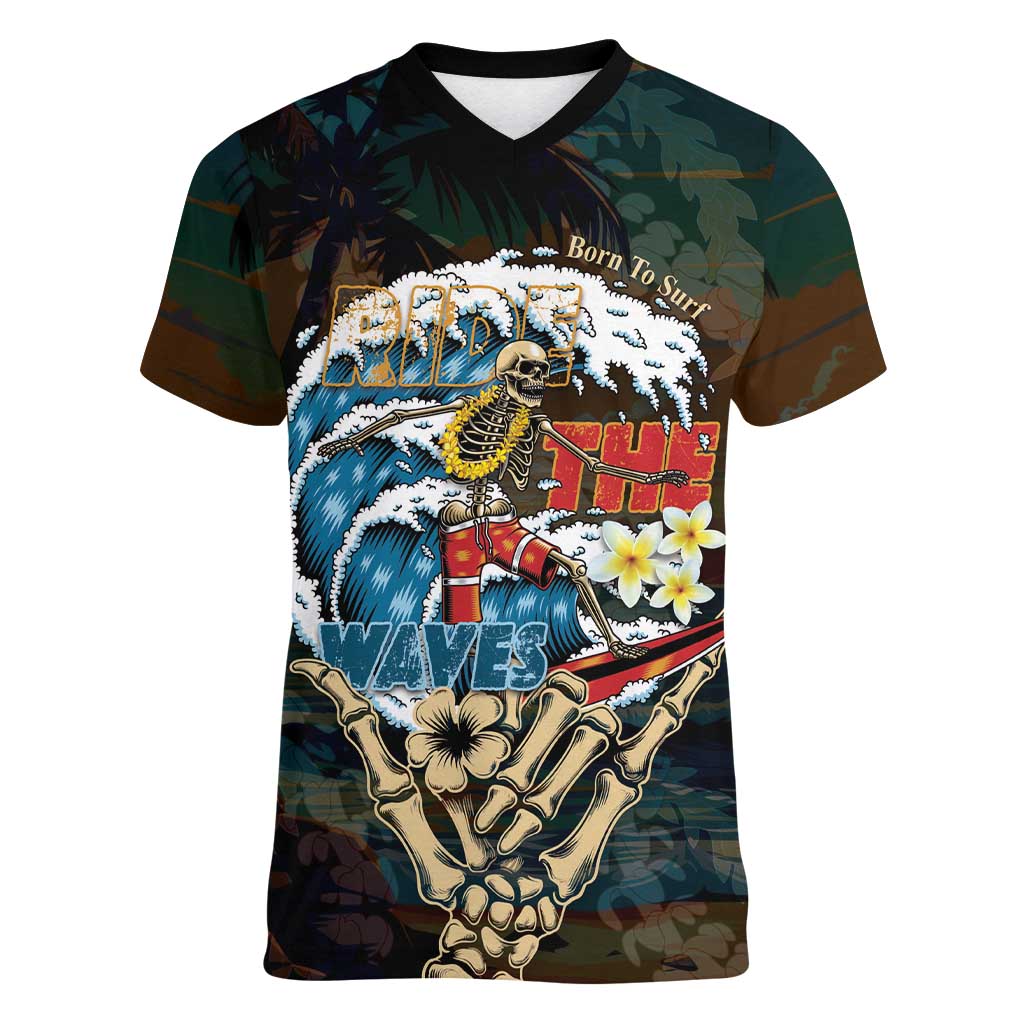 Aloha Hawaii Surfing Skull Women V-Neck T-Shirt Shaka Skeleton Ride The Waves LT14 Female Black - Polynesian Pride