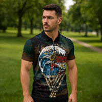 Aloha Hawaii Surfing Skull Zipper Polo Shirt Shaka Skeleton Ride The Waves - Polynesian Pride