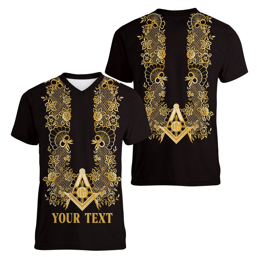 Personalised Filipino Freemasonry Women V-Neck T-Shirt Masonic Barong Tagalog Inspired Ivory White