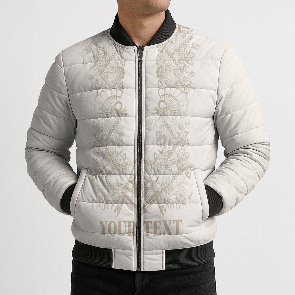 Personalised Filipino Freemasonry Bomber Puffer Jacket Masonic Barong Tagalog Inspired Black