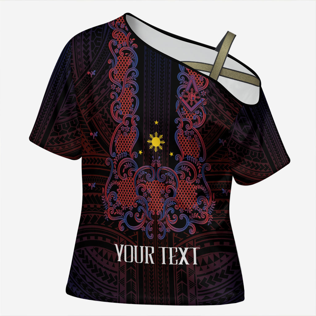 Personalised Philippines Barong Tagalog Freemasonry Cross Shoulder Shirt Filipino Masonic Polynesian Pattern