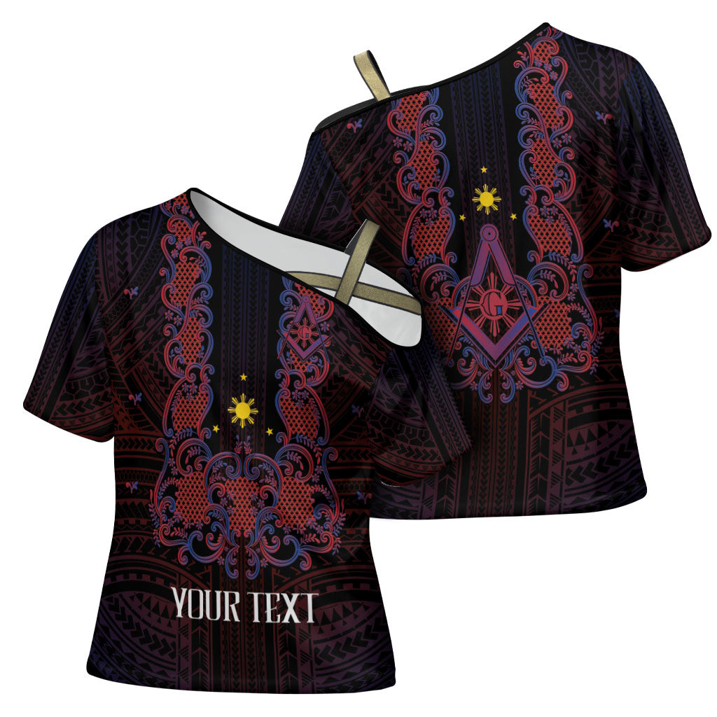 Personalised Philippines Barong Tagalog Freemasonry Cross Shoulder Shirt Filipino Masonic Polynesian Pattern