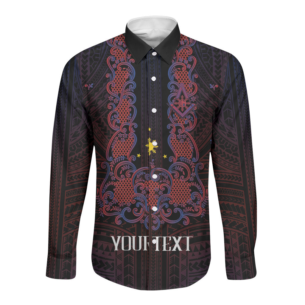 Personalised Philippines Barong Tagalog Freemasonry Long Sleeve Button Shirt Filipino Masonic Polynesian Pattern