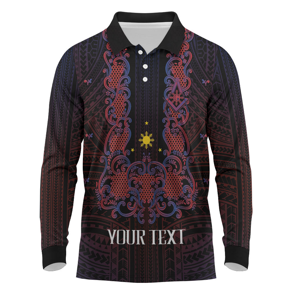 Personalised Philippines Barong Tagalog Freemasonry Long Sleeve Polo Shirt Filipino Masonic Polynesian Pattern
