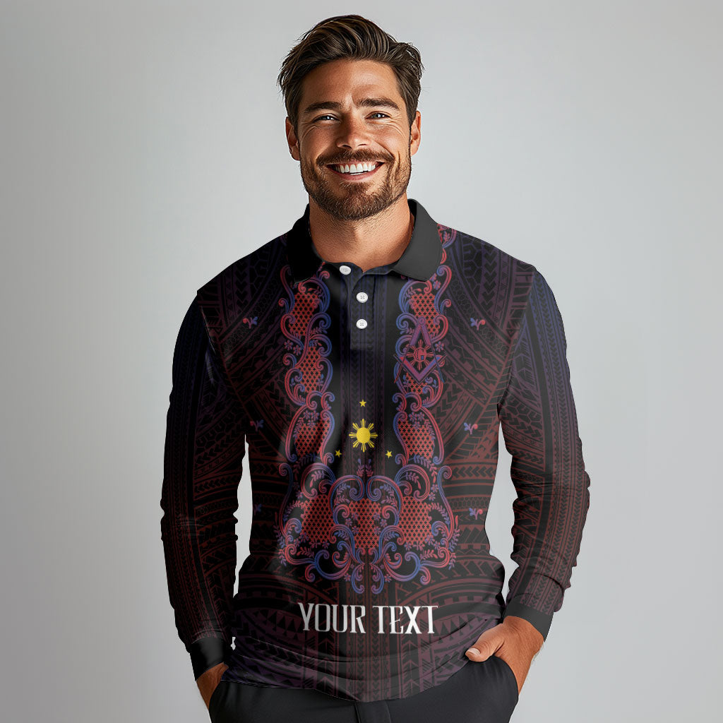 Personalised Philippines Barong Tagalog Freemasonry Long Sleeve Polo Shirt Filipino Masonic Polynesian Pattern
