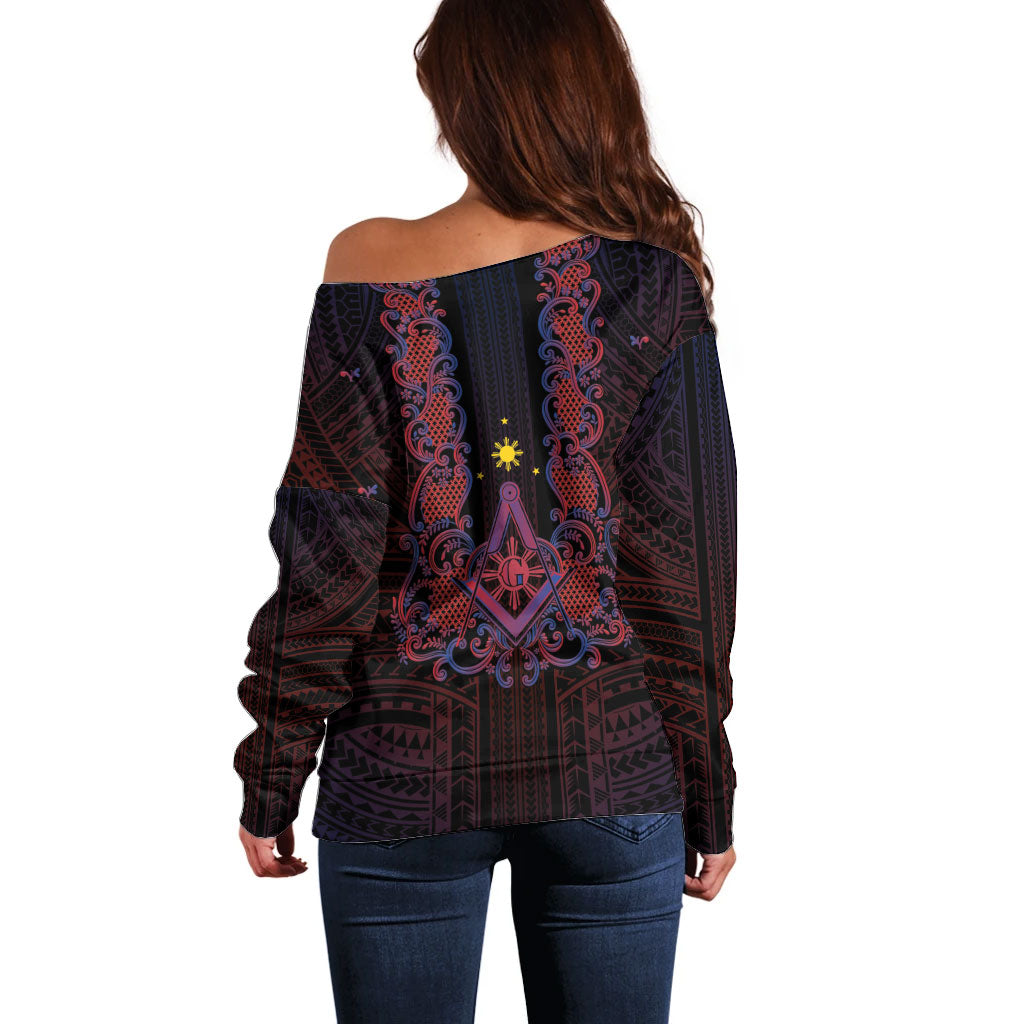 Personalised Philippines Barong Tagalog Freemasonry Off Shoulder Sweater Filipino Masonic Polynesian Pattern