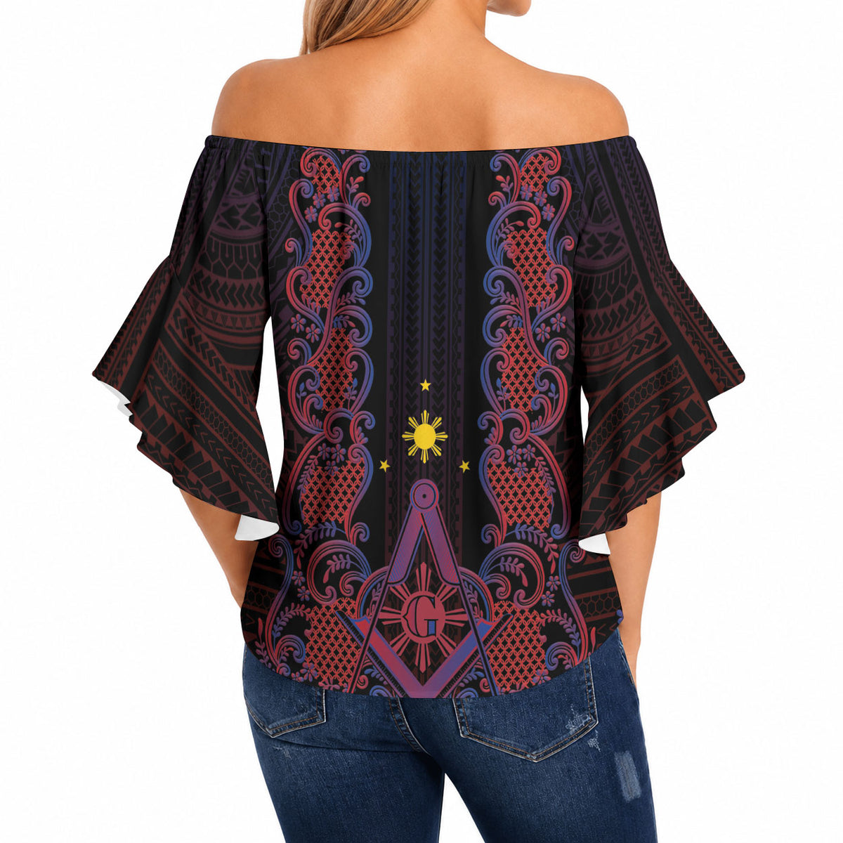 Personalised Philippines Barong Tagalog Freemasonry Off Shoulder Wrap Waist Top Filipino Masonic Polynesian Pattern