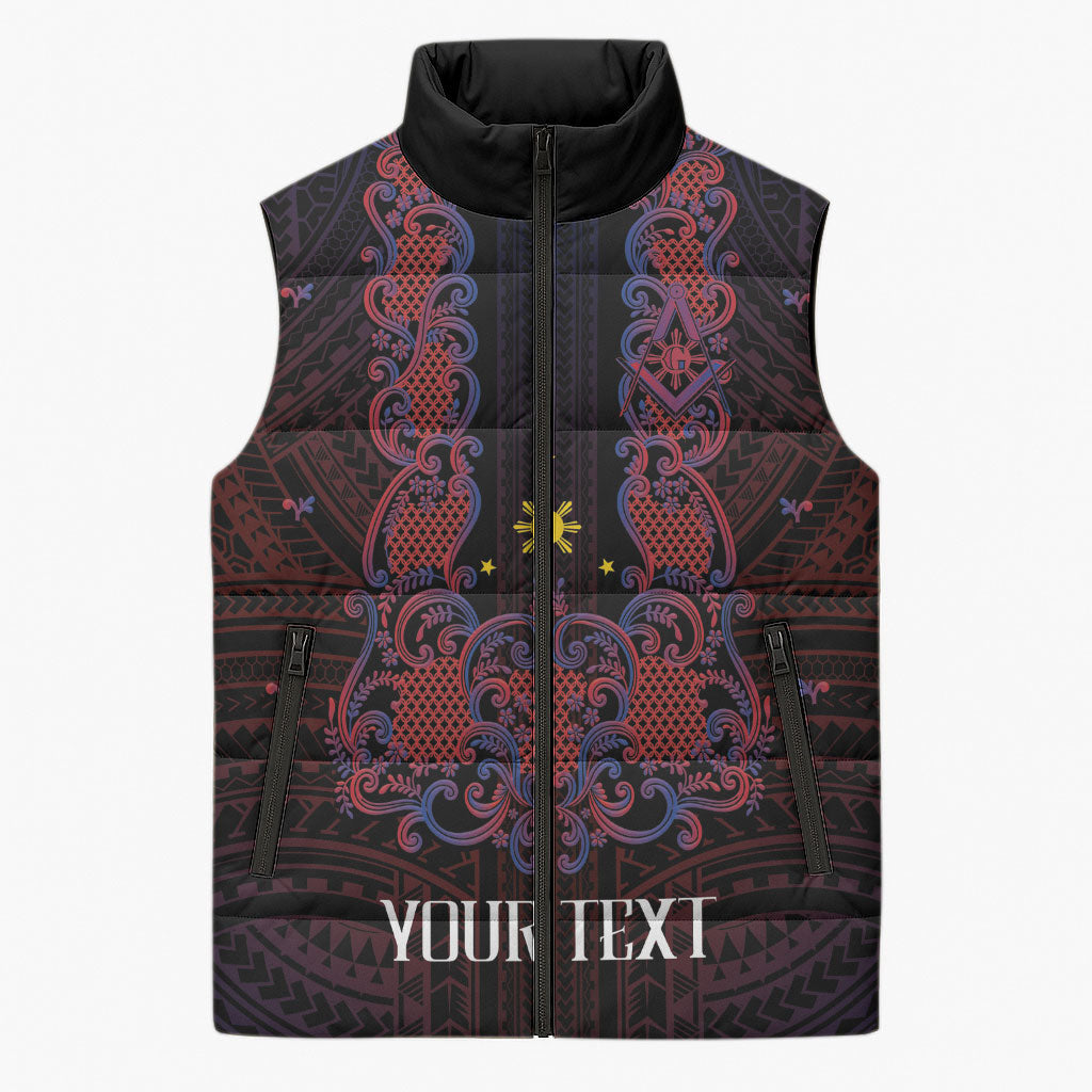 Personalised Philippines Barong Tagalog Freemasonry Sleeveless Puffer Jacket Filipino Masonic Polynesian Pattern
