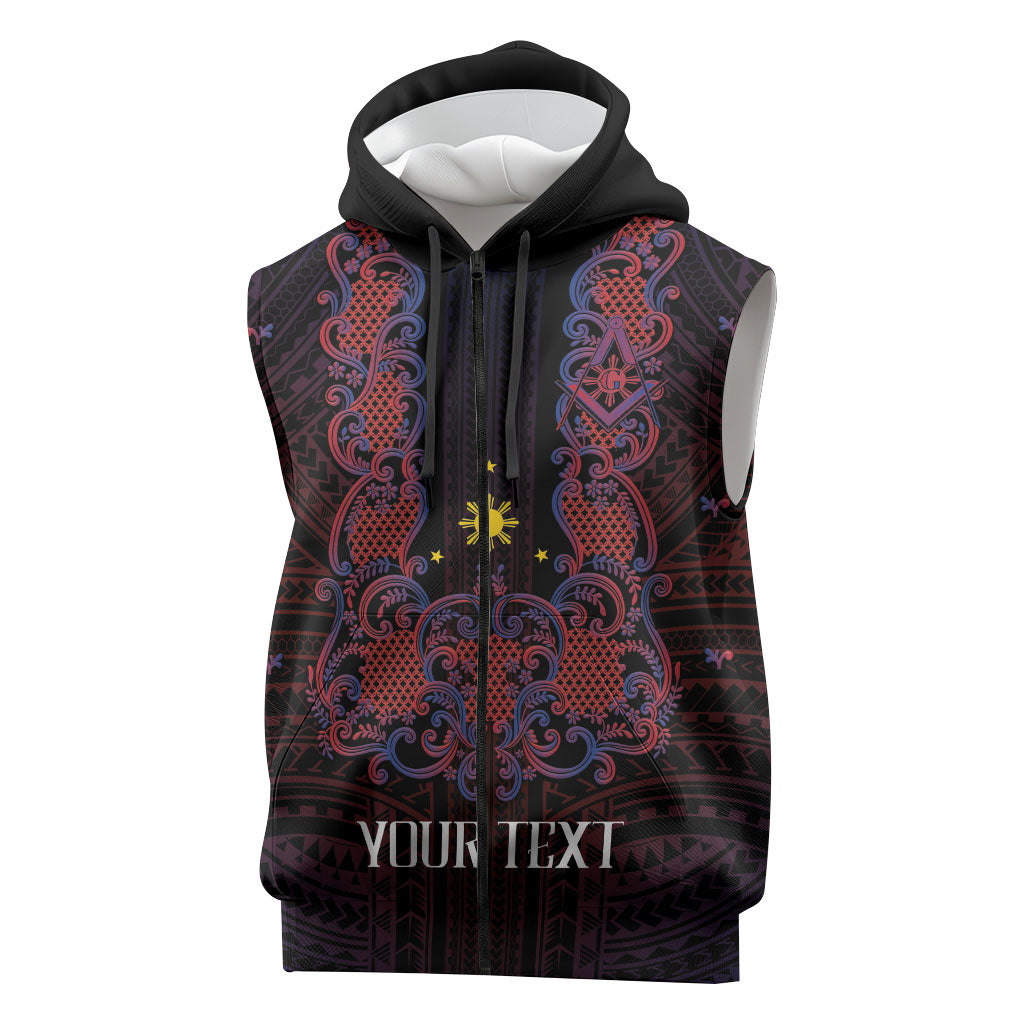 Personalised Philippines Barong Tagalog Freemasonry Sleeveless Zip Hoodie Filipino Masonic Polynesian Pattern