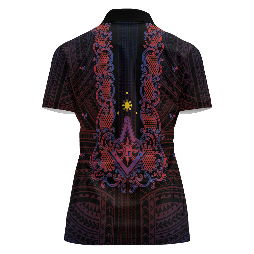Personalised Philippines Barong Tagalog Freemasonry Women Polo Shirt Filipino Masonic Polynesian Pattern