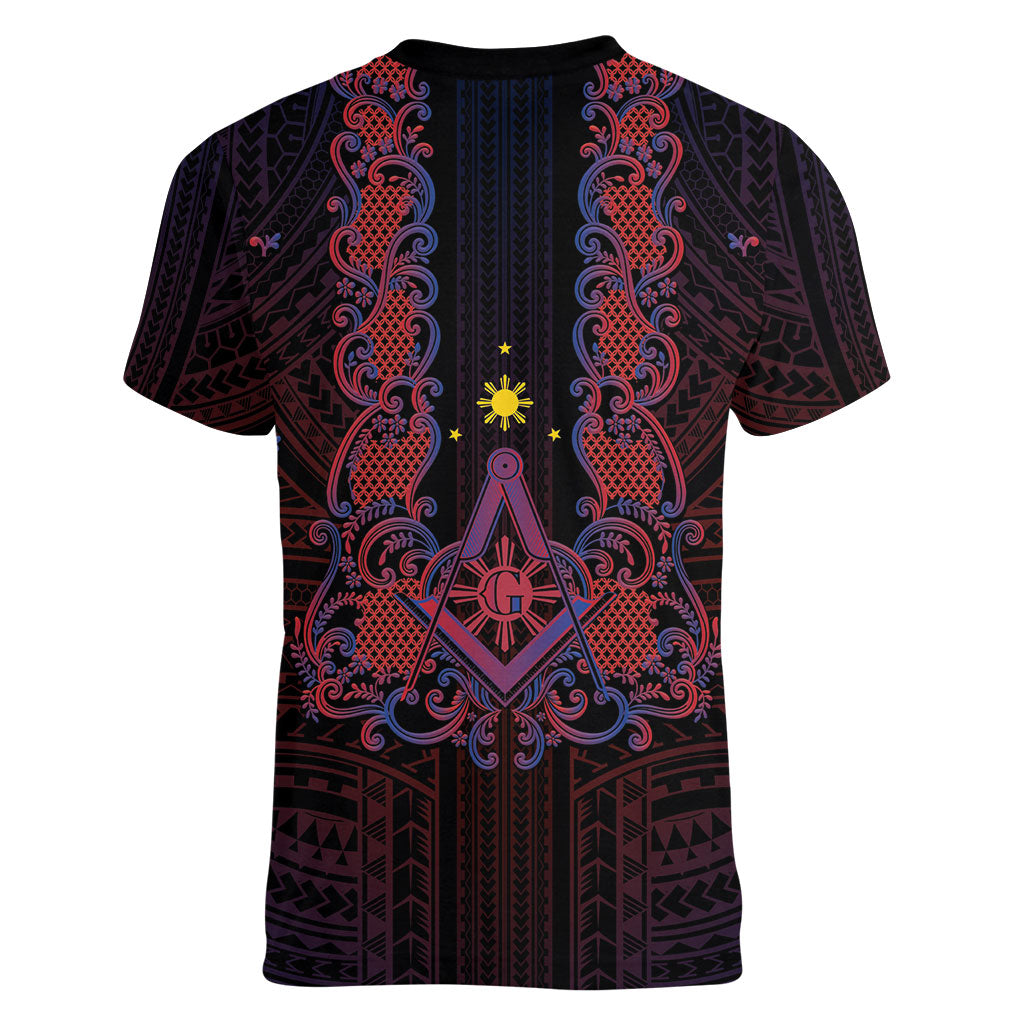 Personalised Philippines Barong Tagalog Freemasonry Women V-Neck T-Shirt Filipino Masonic Polynesian Pattern