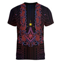 Personalised Philippines Barong Tagalog Freemasonry Women V-Neck T-Shirt Filipino Masonic Polynesian Pattern