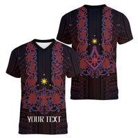 Personalised Philippines Barong Tagalog Freemasonry Women V-Neck T-Shirt Filipino Masonic Polynesian Pattern