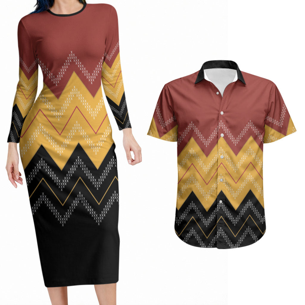 Kaokao Maori Tukutuku Inspired New Zealand Couples Matching Long Sleeve Bodycon Dress and Hawaiian Shirt