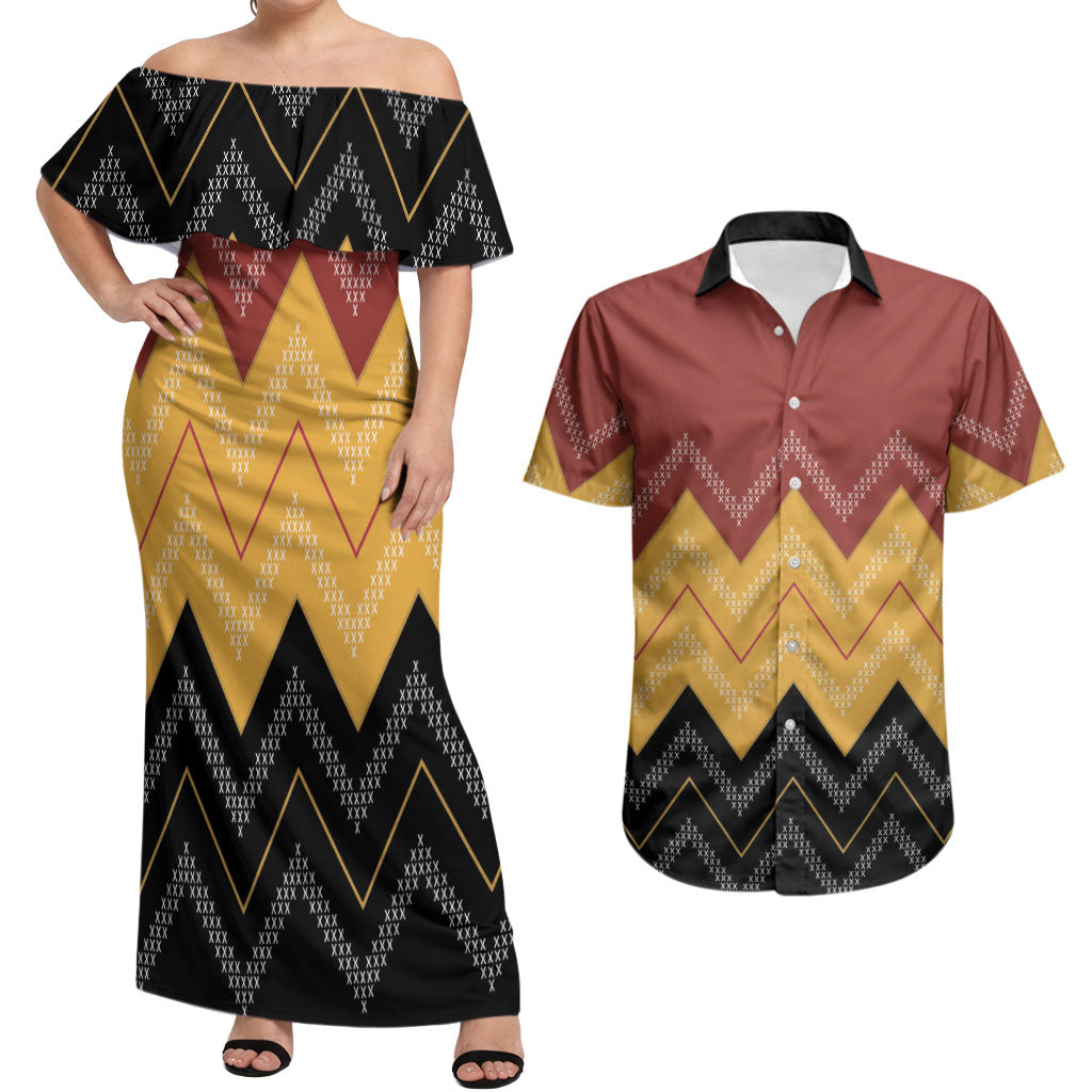 Kaokao Maori Tukutuku Inspired New Zealand Couples Matching Off Shoulder Maxi Dress and Hawaiian Shirt