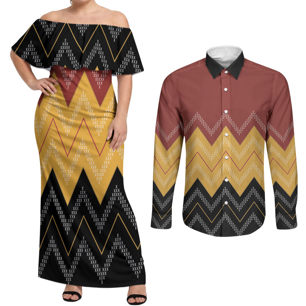 Kaokao Maori Tukutuku Inspired New Zealand Couples Matching Off Shoulder Maxi Dress and Long Sleeve Button Shirt