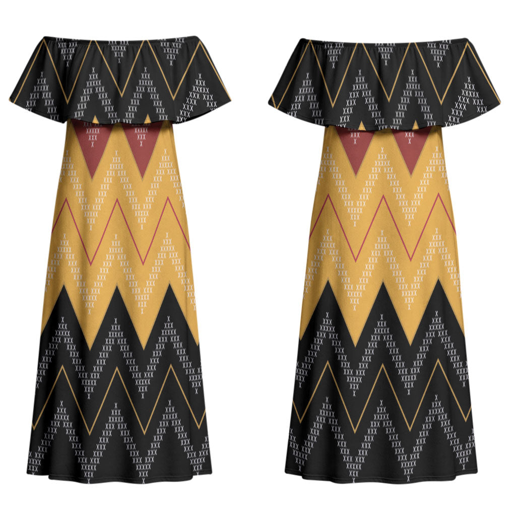 Kaokao Maori Tukutuku Inspired New Zealand Couples Matching Off Shoulder Maxi Dress and Long Sleeve Button Shirt