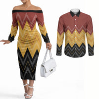 Kaokao Maori Tukutuku Inspired New Zealand Couples Matching Off The Shoulder Long Sleeve Dress and Long Sleeve Button Shirt