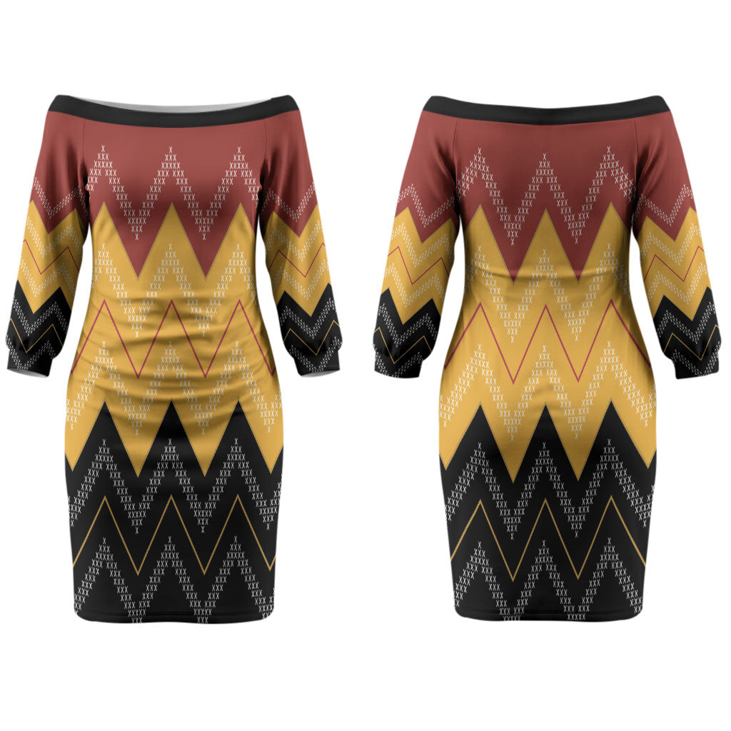 Kaokao Maori Tukutuku Inspired New Zealand Couples Matching Off The Shoulder Long Sleeve Dress and Long Sleeve Button Shirt