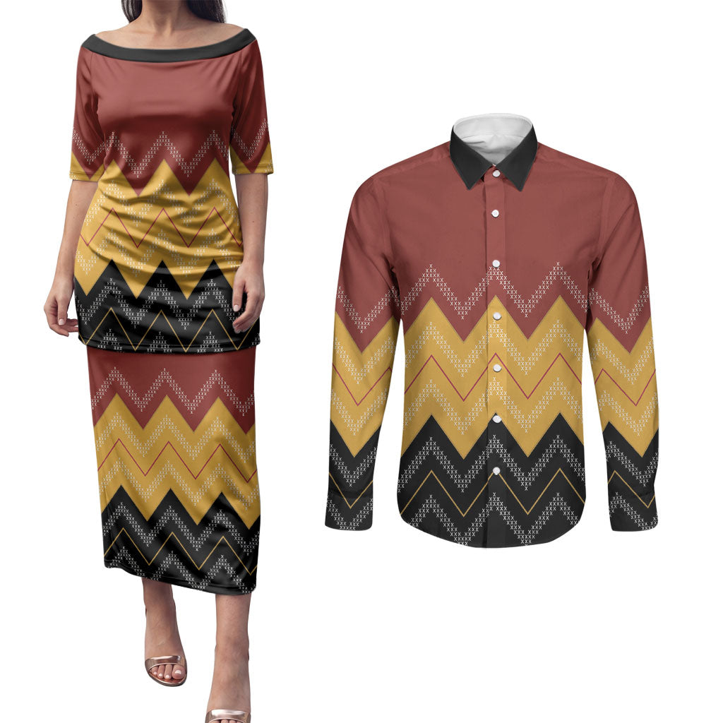 Kaokao Maori Tukutuku Inspired New Zealand Couples Matching Puletasi and Long Sleeve Button Shirt