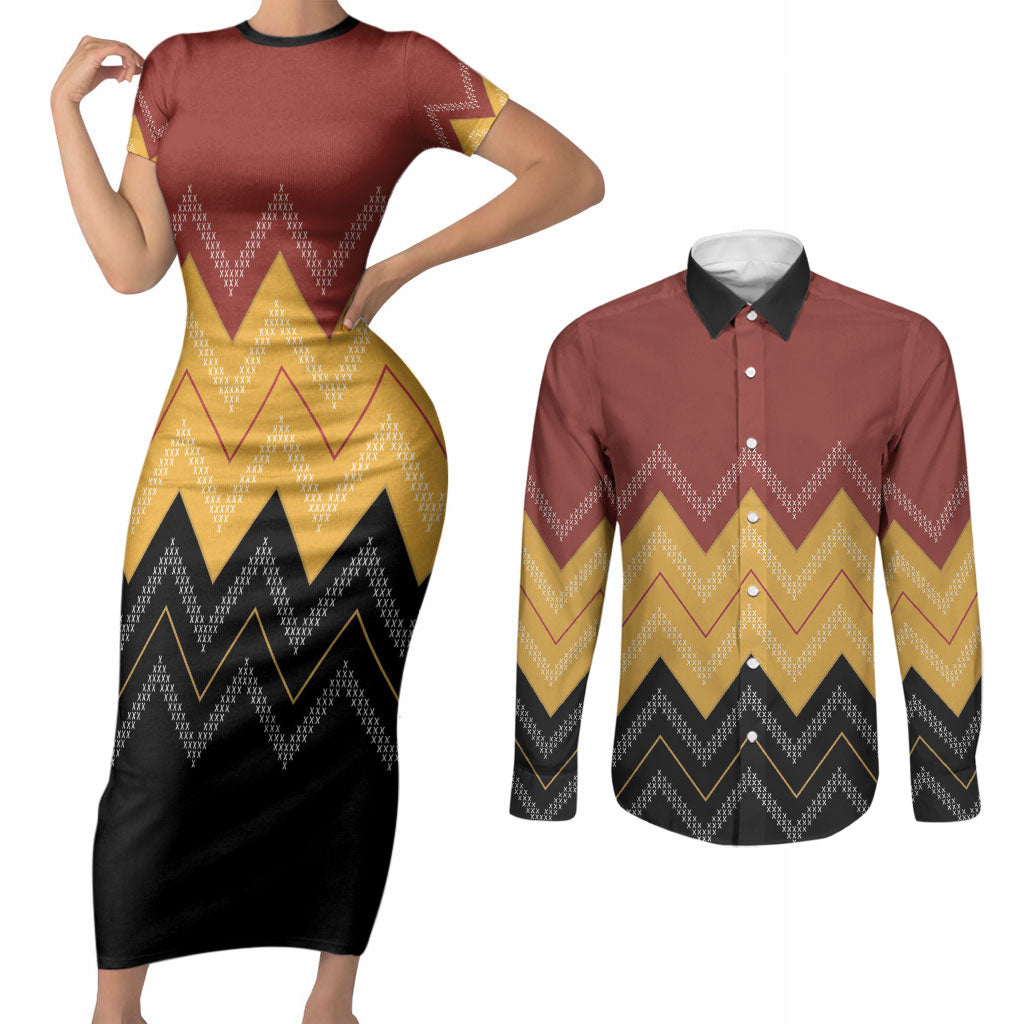 Kaokao Maori Tukutuku Inspired New Zealand Couples Matching Short Sleeve Bodycon Dress and Long Sleeve Button Shirt