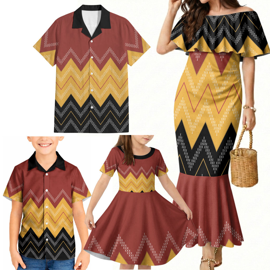 Kaokao Maori Tukutuku Inspired New Zealand Family Matching Mermaid Dress and Hawaiian Shirt