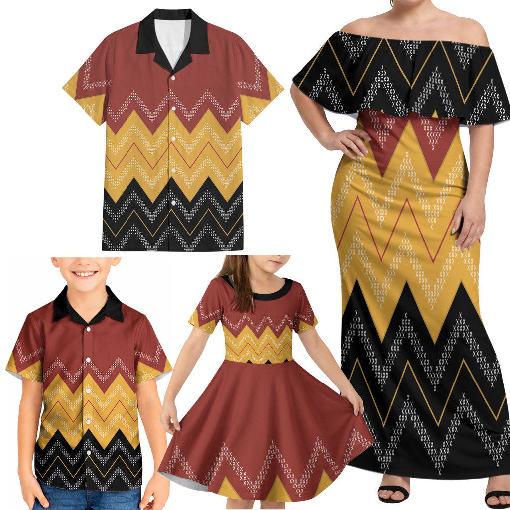 Kaokao Maori Tukutuku Inspired New Zealand Family Matching Off Shoulder Maxi Dress and Hawaiian Shirt