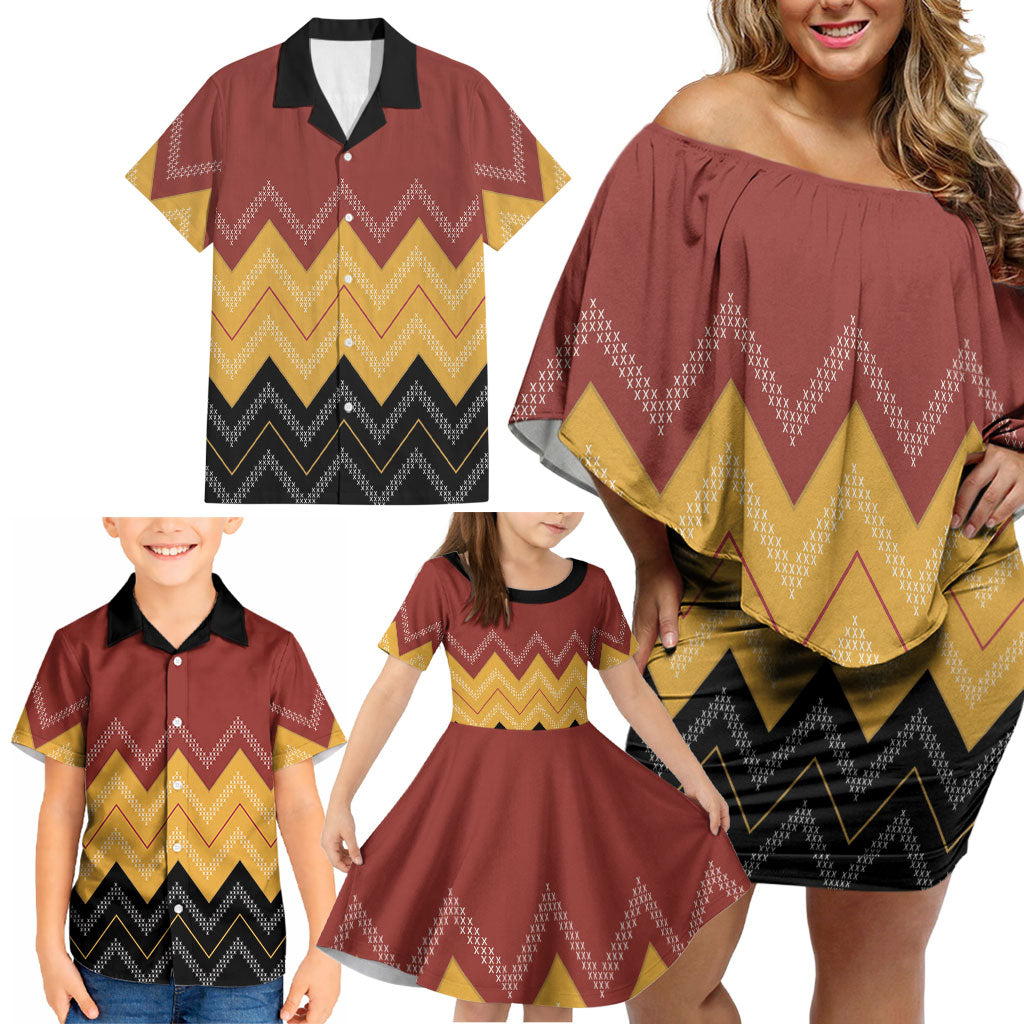 Kaokao Maori Tukutuku Inspired New Zealand Family Matching Off Shoulder Short Dress and Hawaiian Shirt