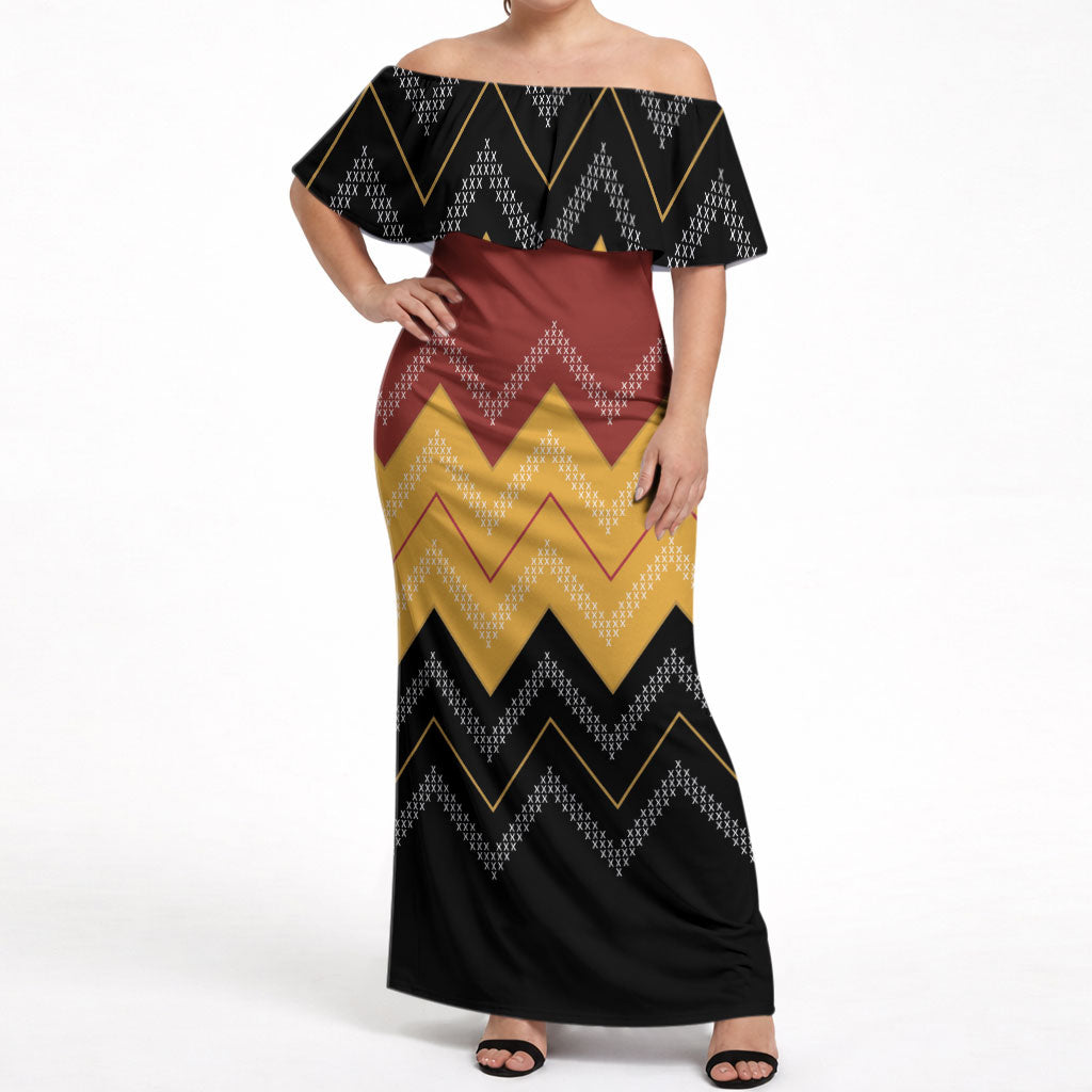 Kaokao Maori Tukutuku Inspired New Zealand Off Shoulder Maxi Dress