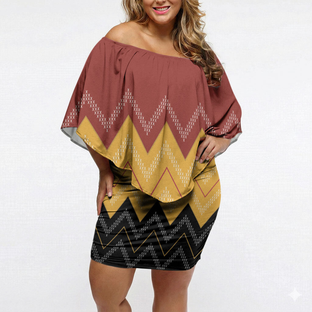 Kaokao Maori Tukutuku Inspired New Zealand Off Shoulder Short Dress