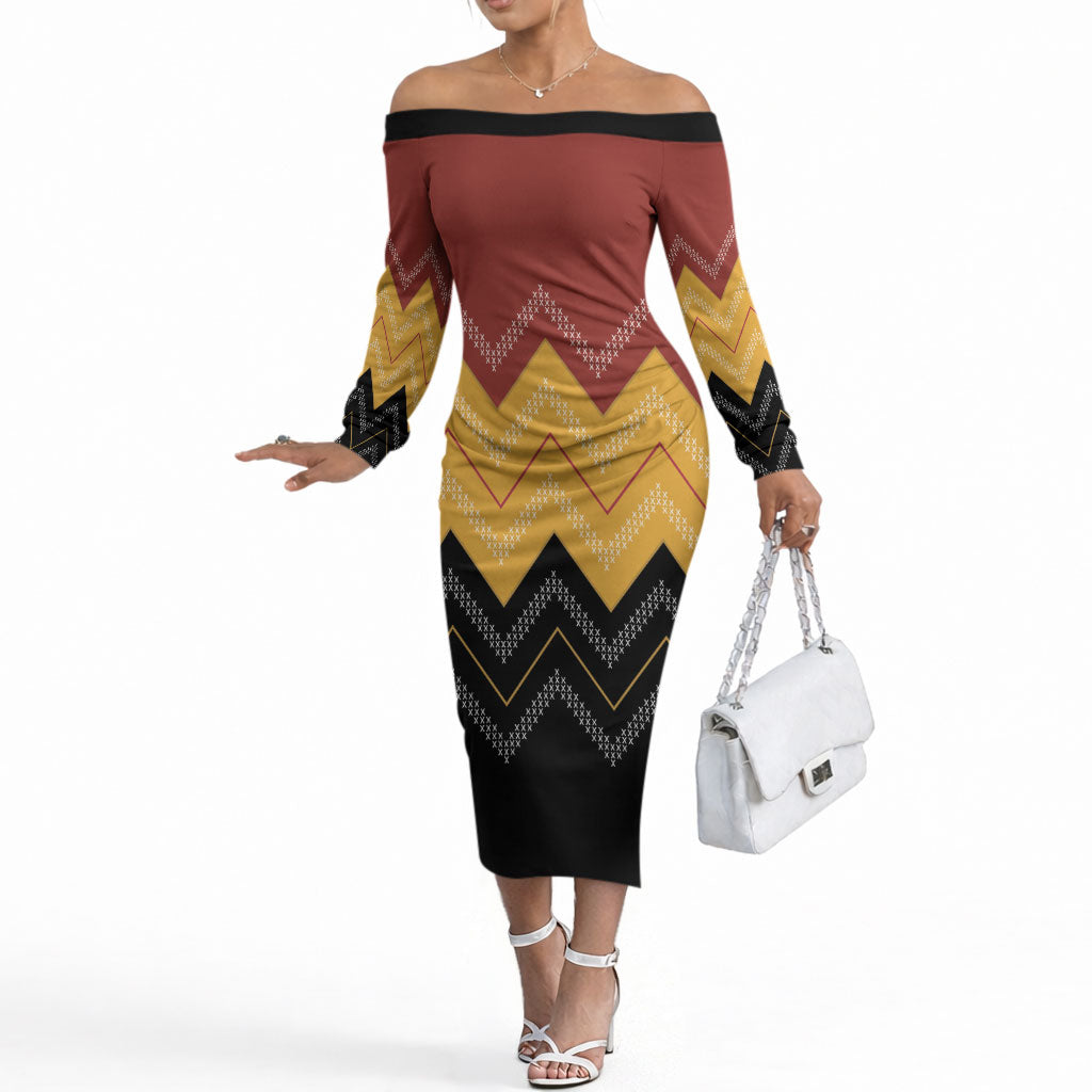 Kaokao Maori Tukutuku Inspired New Zealand Off The Shoulder Long Sleeve Dress