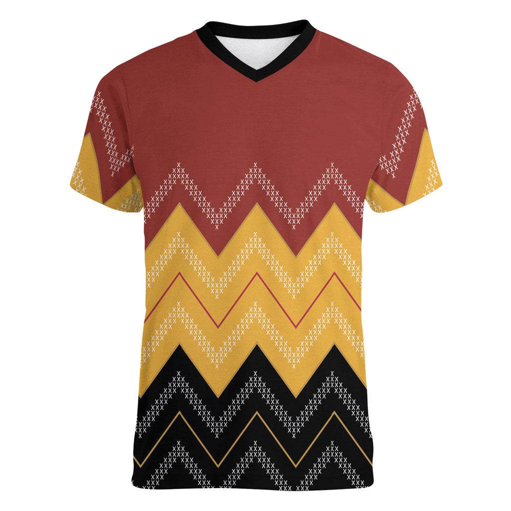 Kaokao Maori Tukutuku Inspired New Zealand Women V-Neck T-Shirt