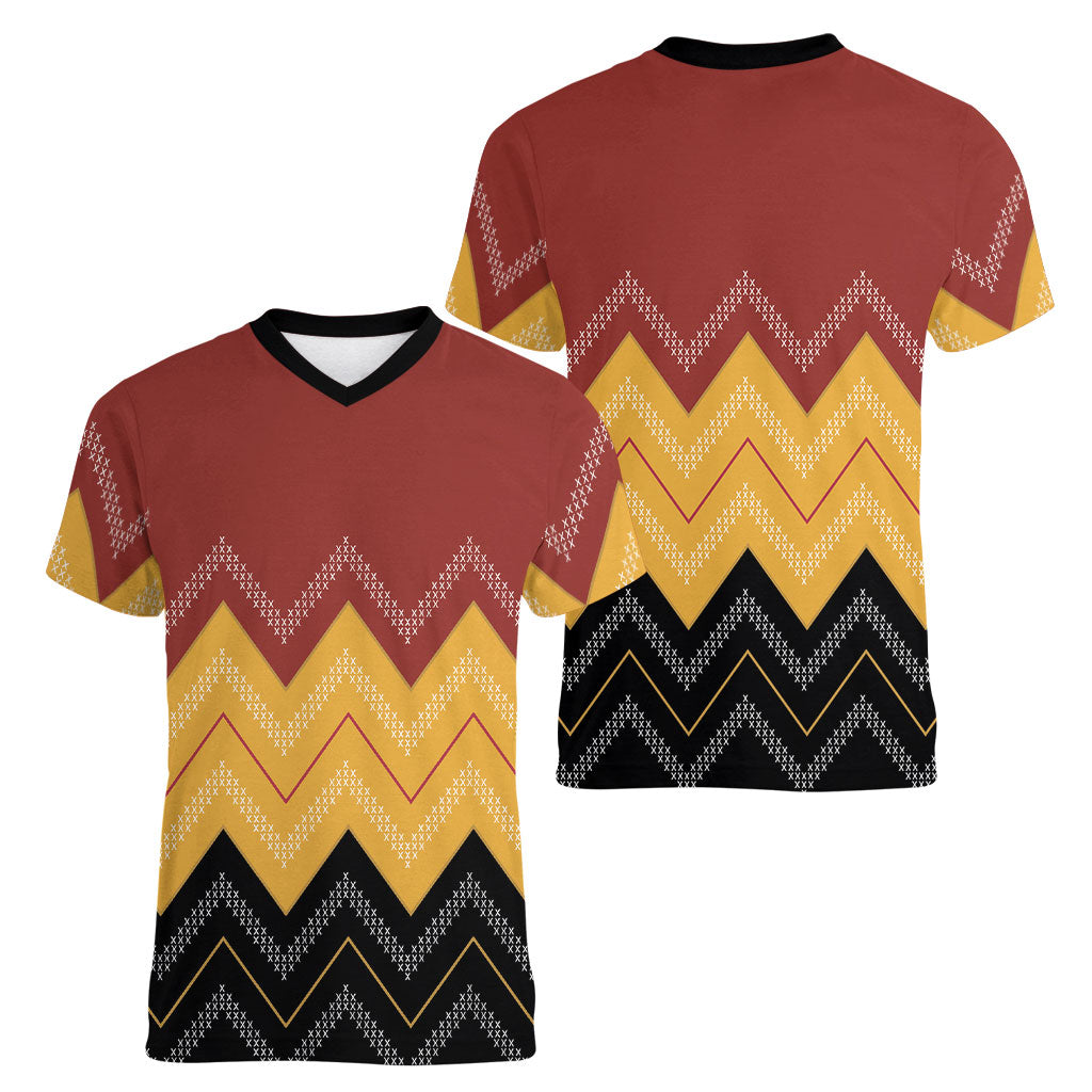 Kaokao Maori Tukutuku Inspired New Zealand Women V-Neck T-Shirt
