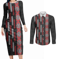Roimata Toroa Maori Taniko Inspired New Zealand Couples Matching Long Sleeve Bodycon Dress and Long Sleeve Button Shirt