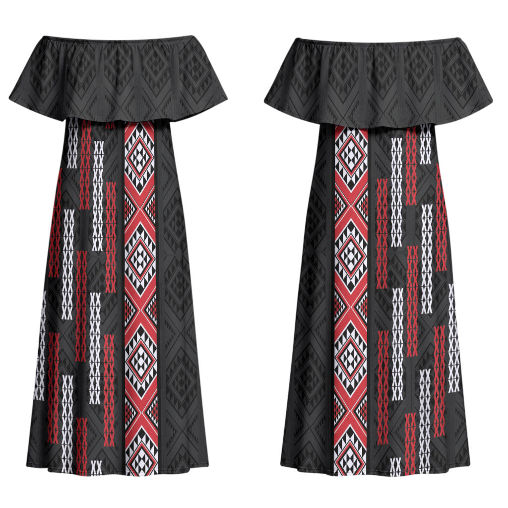 Roimata Toroa Maori Taniko Inspired New Zealand Couples Matching Off Shoulder Maxi Dress and Long Sleeve Button Shirt