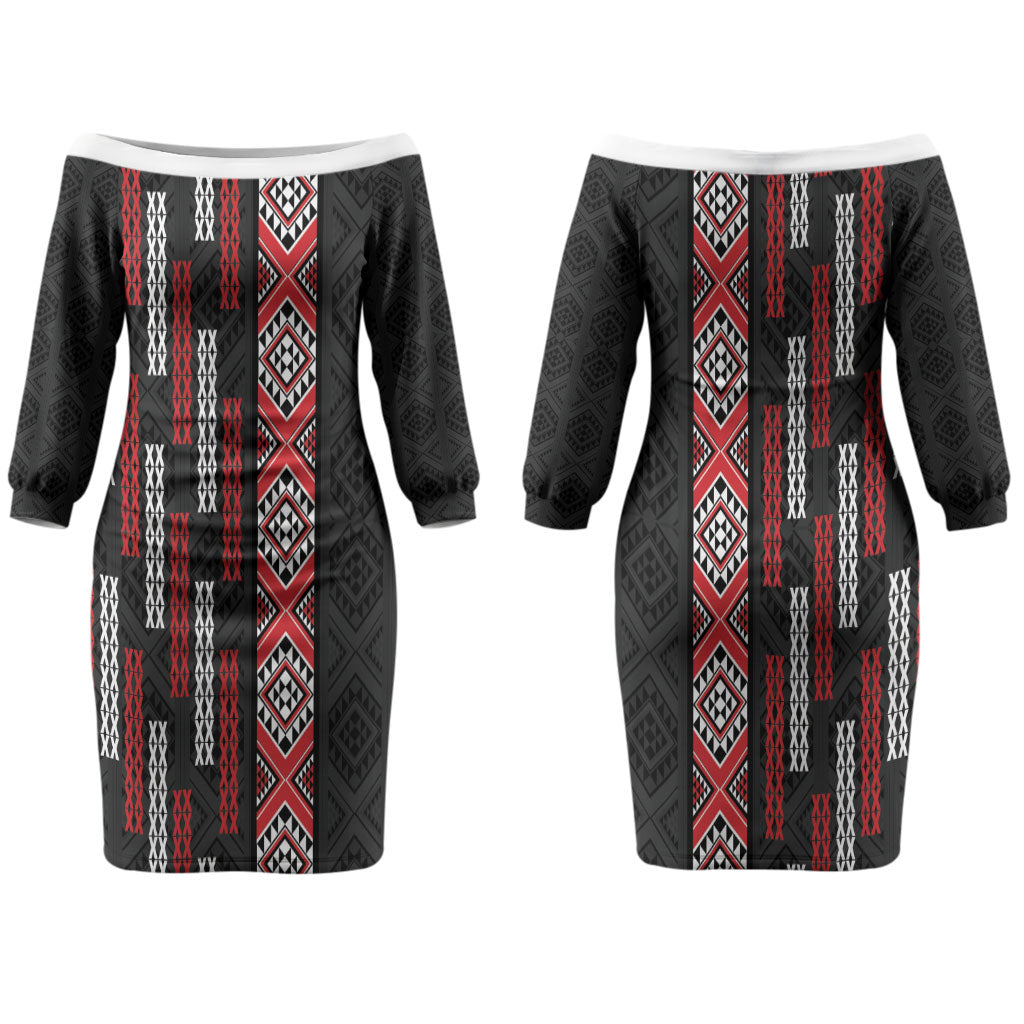 Roimata Toroa Maori Taniko Inspired New Zealand Couples Matching Off The Shoulder Long Sleeve Dress and Hawaiian Shirt