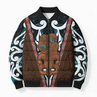 New Zealand Whakairo Bomber Puffer Jacket Tiki Maori Carving Taniko Motifs