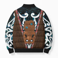 New Zealand Whakairo Bomber Puffer Jacket Tiki Maori Carving Taniko Motifs