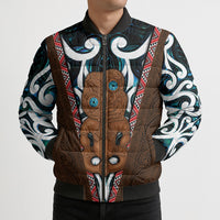 New Zealand Whakairo Bomber Puffer Jacket Tiki Maori Carving Taniko Motifs