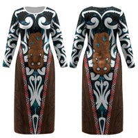 New Zealand Whakairo Couples Matching Long Sleeve Bodycon Dress and Hawaiian Shirt Tiki Maori Carving Taniko Motifs