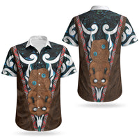 New Zealand Whakairo Couples Matching Off The Shoulder Long Sleeve Dress and Hawaiian Shirt Tiki Maori Carving Taniko Motifs