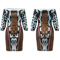 New Zealand Whakairo Couples Matching Off The Shoulder Long Sleeve Dress and Hawaiian Shirt Tiki Maori Carving Taniko Motifs