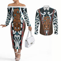 New Zealand Whakairo Couples Matching Off The Shoulder Long Sleeve Dress and Long Sleeve Button Shirt Tiki Maori Carving Taniko Motifs