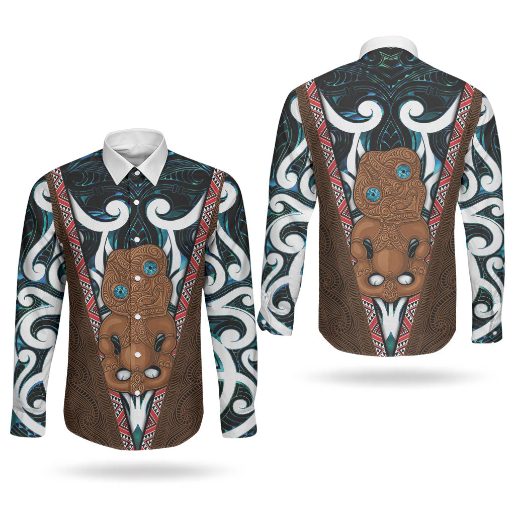 New Zealand Whakairo Couples Matching Off The Shoulder Long Sleeve Dress and Long Sleeve Button Shirt Tiki Maori Carving Taniko Motifs