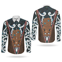 New Zealand Whakairo Couples Matching Off The Shoulder Long Sleeve Dress and Long Sleeve Button Shirt Tiki Maori Carving Taniko Motifs